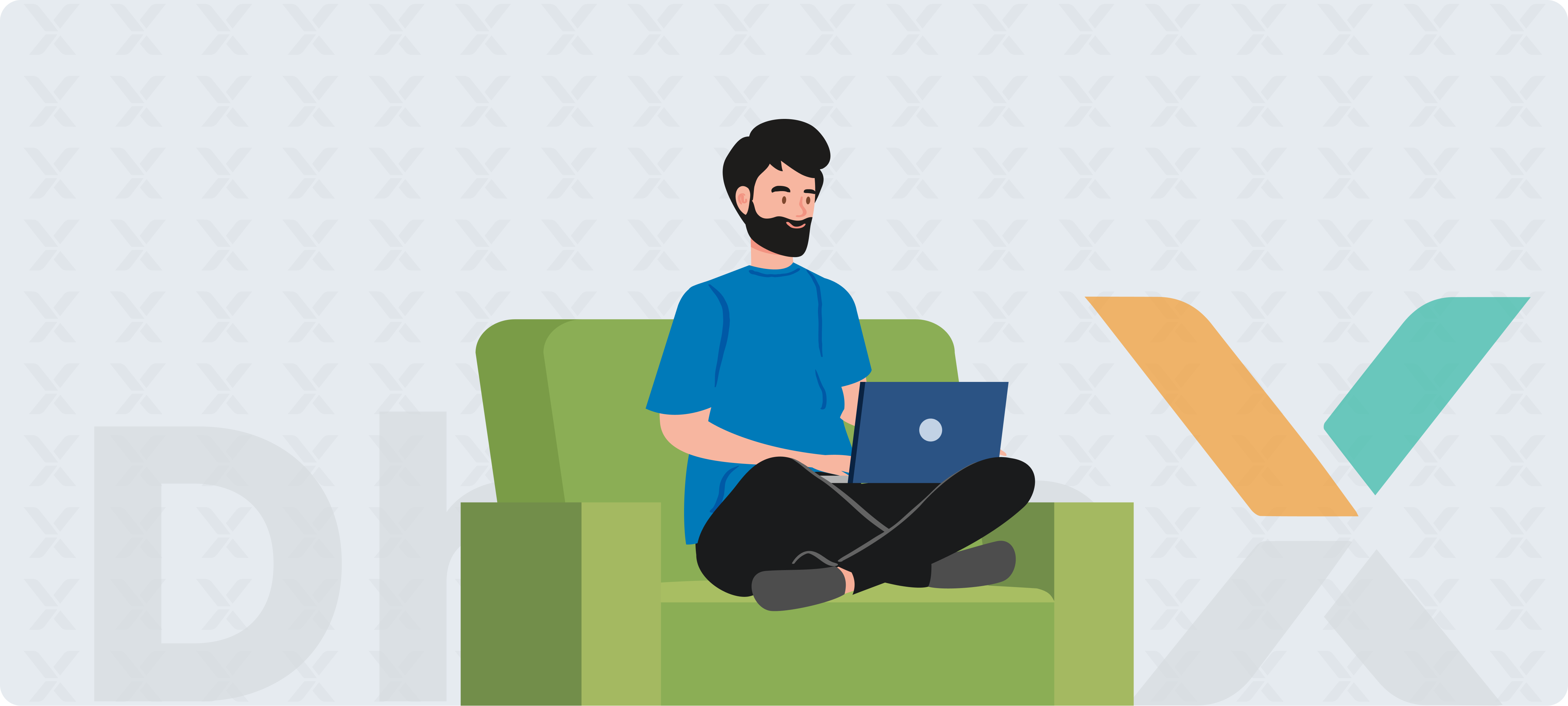 Illustration of a person using a laptop on a chair, representing digital finance